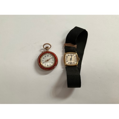 8091 - An 18ct gold cased lady's wristwatch, rounded square face, black ribbon strap, and a gold fob watch ... 