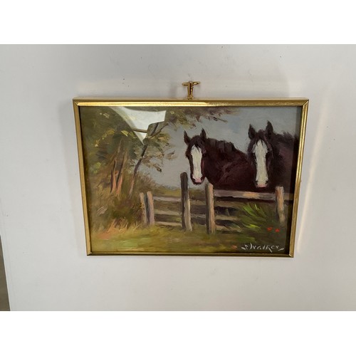 8141 - STEPHEN WALKER (1900-2004): A miniature oil of two black horses, reputedly from Roydon, near Diss, 8... 