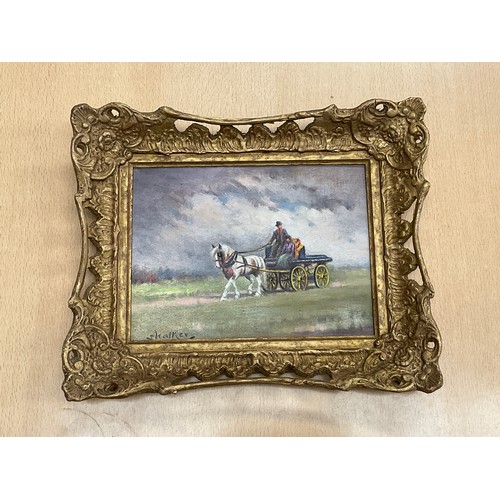 8146 - STEPHEN WALKER (1900-2004): An oil on board of horse and cart, 14.5cm x 19cm, gilt framed