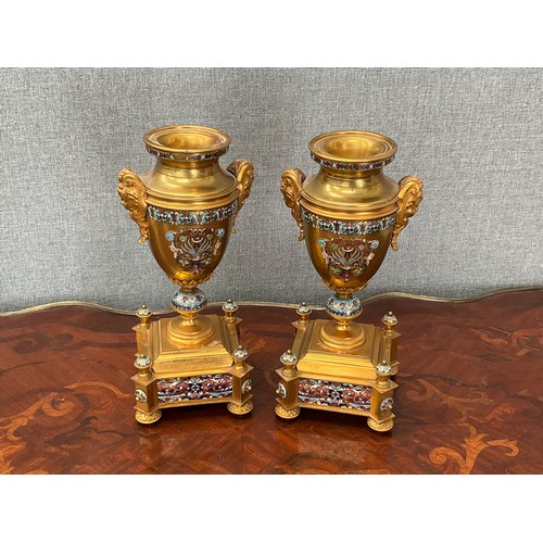 8149 - A pair of late 19th / early 20th Century gilt metal garnitures, scrolled enamelled detail, urn form,... 