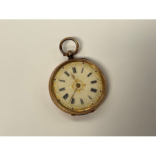 8153 - A late 19th / early 20th Century gold fob watch stamped 14K, enamelled dial, 42g