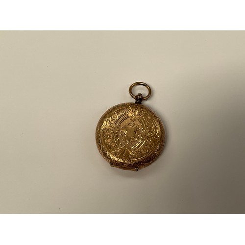 8153 - A late 19th / early 20th Century gold fob watch stamped 14K, enamelled dial, 42g