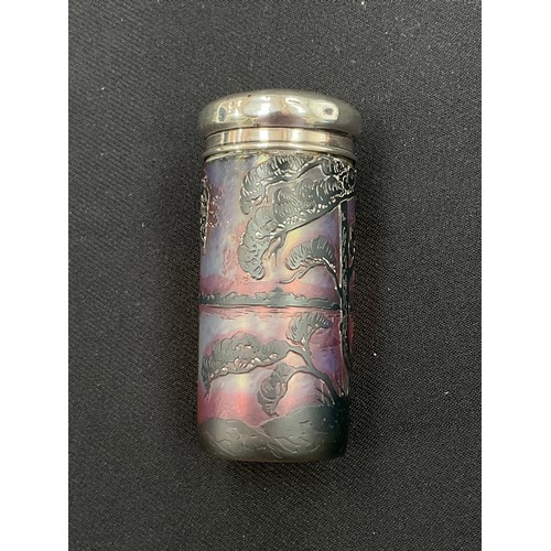 8281 - A silver topped cameo glass cylindrical container with evening landscape design, signed, and a pink ... 