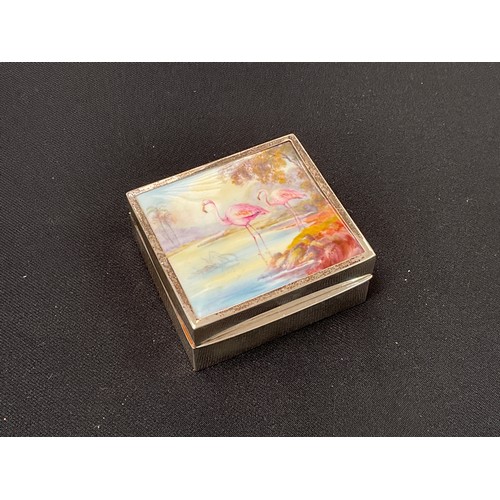 8283 - A silver square form trinket box with wooden lining, the hinged lid with a Royal Worcester panel dep... 