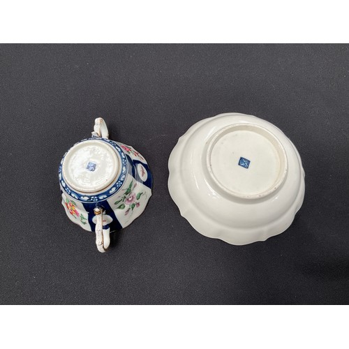 8287 - A Worcester chocolate cup and saucer, blue and white panels depicting floral bouquets, butterflies a... 