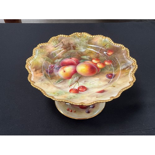 8290 - A Royal Worcester tazza handpainted by F.Roberts with peaches and cherries to top and pears and blac... 