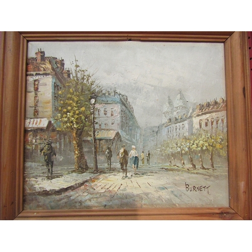 71 - Oil on canvas, street scene in Paris near Montmartre, by Burnett, signed lower right, 25 x 30cm    (... 