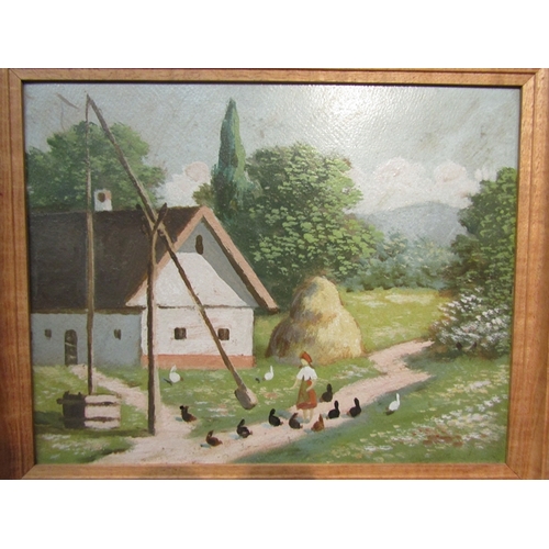 73 - A naive picture of girl feeding the chickens, 24 x 30cm, and a Continental town scene, 14 x 10cm (2)