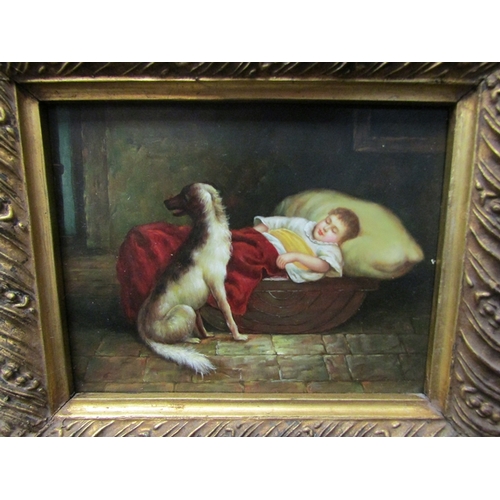 116 - A framed oil on board of child sleeping with dog by their side, 19cm x 23.5cm   (E) £30-40