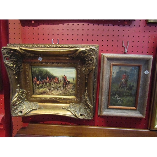 99 - A gilt framed oleograph and oil on panel depicting hunting scenes