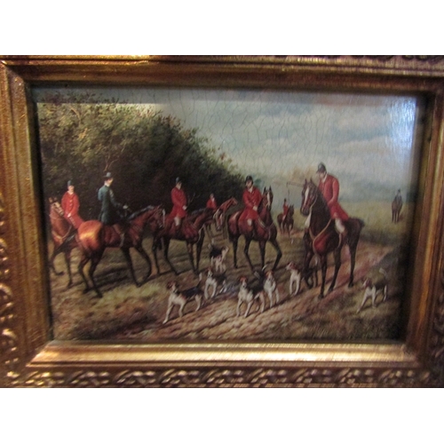 99 - A gilt framed oleograph and oil on panel depicting hunting scenes