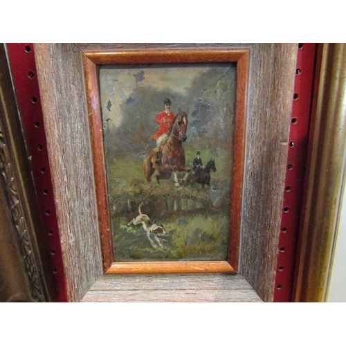 99 - A gilt framed oleograph and oil on panel depicting hunting scenes