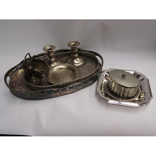 415 - Plated galleried trays, candlesticks, helmet coal scuttle form sugar dish and associated plated ware... 