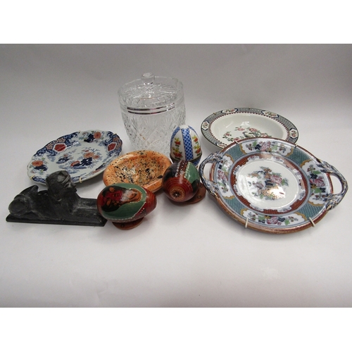 439 - A mixed lot including 19th Century dishes, sphinx figure, painted eggs and Brierley crystal