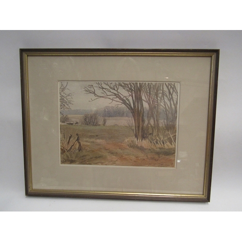 440 - STEPHEN HOUSEMAN (XX): A naive watercolour of landscape, monogrammed lower right, framed and glazed,... 