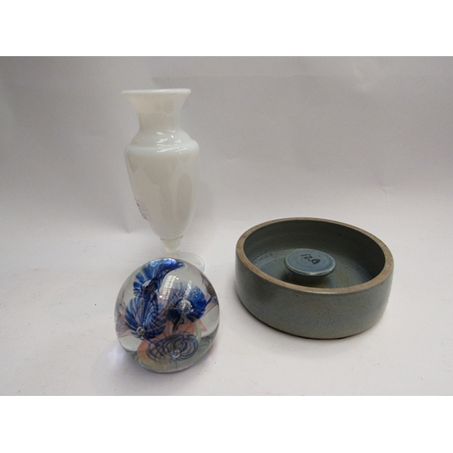 445 - A white opaque vase, paperweights and stoneware dish (3)       (E) £8-12