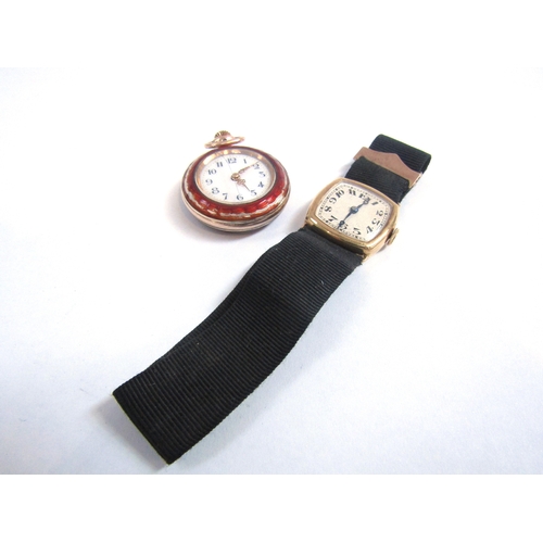 8091 - An 18ct gold cased lady's wristwatch, rounded square face, black ribbon strap, and a gold fob watch ... 