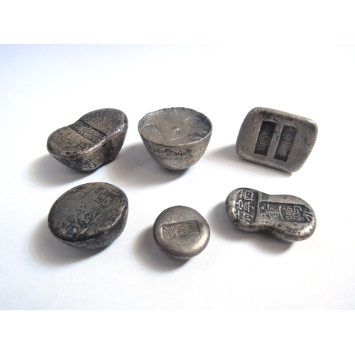 8110 - Six Chinese white metal ingots with character marks