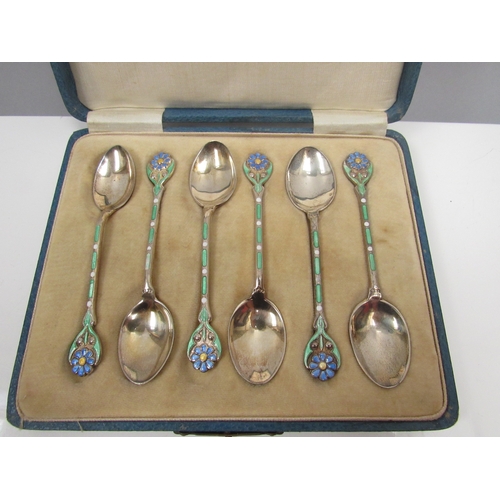 8192 - A set of six Turner & Simpson silver enamelled silver gilt teaspoons with floral terminals, Birmingh... 