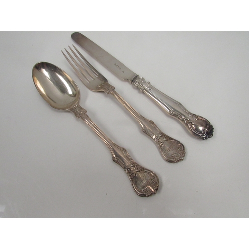 8197 - A Victorian silver H.J. Lias & Son three piece christening set, monogrammed handles 174g