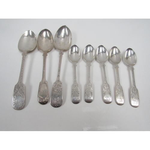 8236 - Three silver spoons and five silver teaspoons,  bright cut detail, 199g