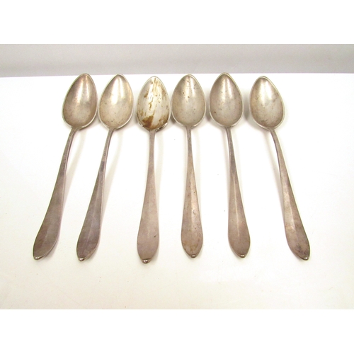 8240 - Six possibly Paris white metal serving spoons, monogrammed handles, 306g