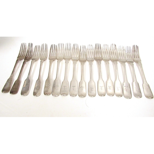 8241 - Sixteen silver forks including 12 Victorian forks by four different makers, crested and monogrammed ... 