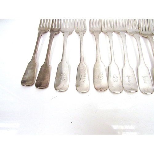 8241 - Sixteen silver forks including 12 Victorian forks by four different makers, crested and monogrammed ... 