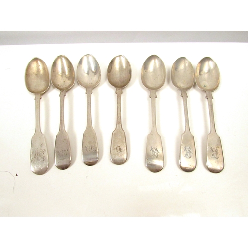 8245 - Seven similar silver teaspoons by four different makers, five Victorian, two William IV, monogrammed... 