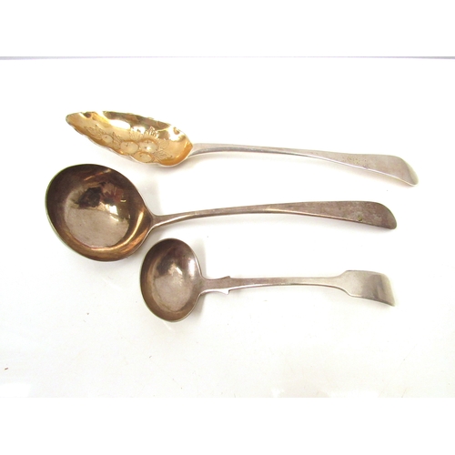 8254 - Silver Georgian berry spoon, London 1793, ladle, 1782 and Victorian sauce ladle (3), 127g