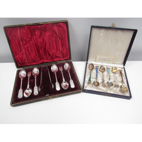 8260 - A cased set of Danish enamel and sterling silver spoons together with a cased set of silver teaspoon... 