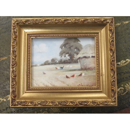 8272 - STEPHEN WALKER (1900-2004) - A gilt framed miniature oil on board - Chickens in farmyard with haysta... 