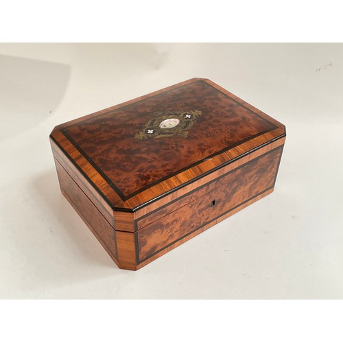 8211 - A Victorian burr walnut and ebony crossbanded sewing box with regal purple velvet lined interior and... 