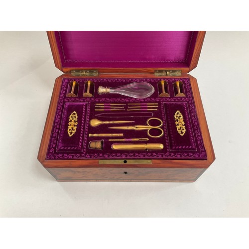 8211 - A Victorian burr walnut and ebony crossbanded sewing box with regal purple velvet lined interior and... 