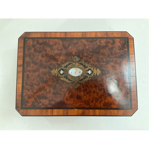 8211 - A Victorian burr walnut and ebony crossbanded sewing box with regal purple velvet lined interior and... 