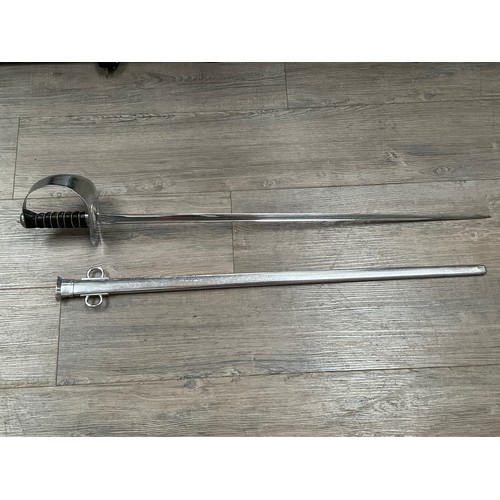 5433 - An 1897 pattern cavalry officer's sword, chromed and presumed to be a NCO as blade unmarked, with sc... 