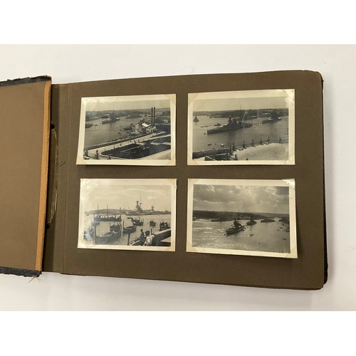 5352 - A WWII photograph album including British service aircraft, bombing, naval battleships and aircraft ... 