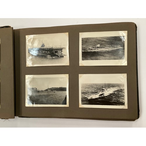 5352 - A WWII photograph album including British service aircraft, bombing, naval battleships and aircraft ... 