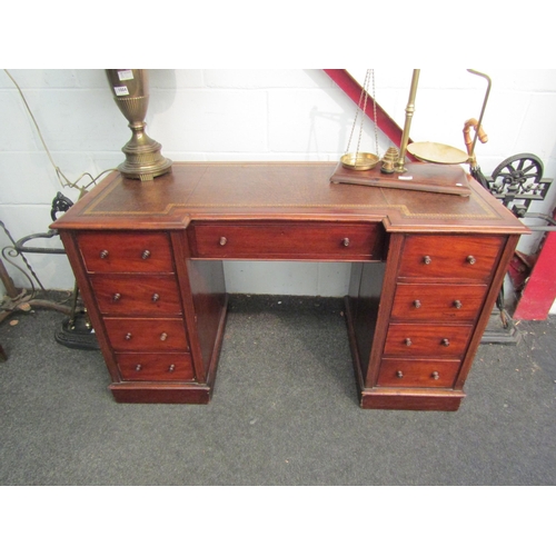 1005 - A 19th Century twin pedestal breakfront mahogany desk with tooled leather insert, 70cm x 120cm x 54c... 