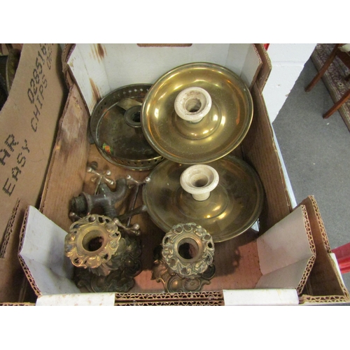 1028 - Two boxes of copper and brass wares including teapots, candlesticks etc