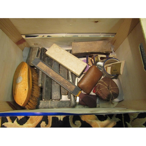 1038 - A box containing cut throat razors and related shaving items