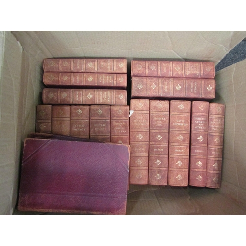 1182 - A box of Dickens Works in half leather gilt bindings, plus a box of literature in leatherette bindin... 