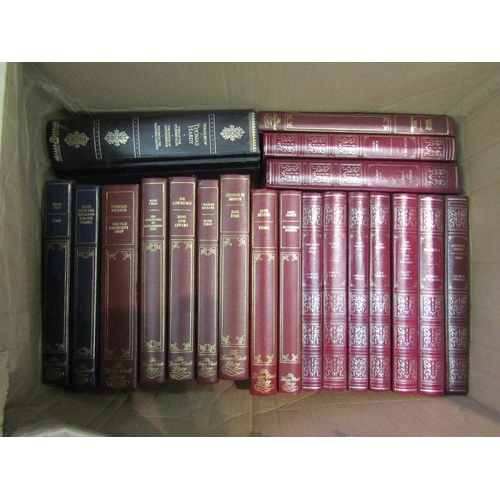 1182 - A box of Dickens Works in half leather gilt bindings, plus a box of literature in leatherette bindin... 