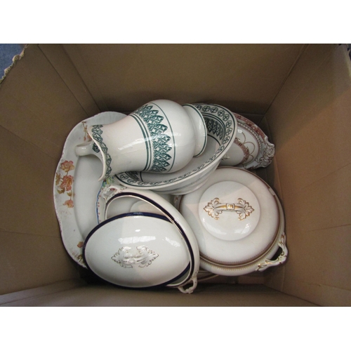 1188 - Two boxes containing assorted drinking glasses and a quantity of meat platters, wash jugs and bowls ... 