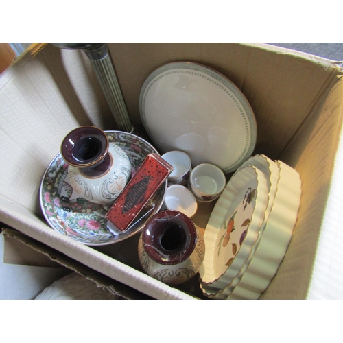 1211 - Two boxes of assorted items including Just Cats Co figure, Oriental bowl, oil lamp base, Hohner harm... 