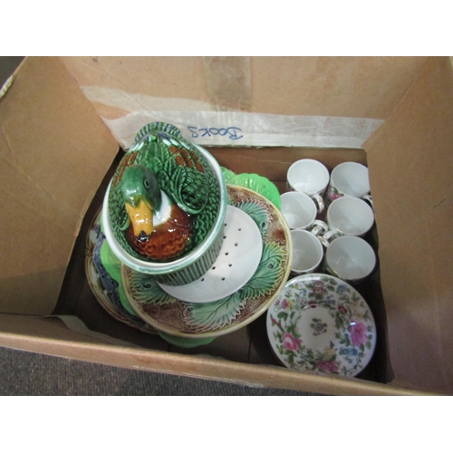 1225 - Two boxes of mixed ceramics, lustre ware, duck egg crock, Staffordshire coffee cups etc