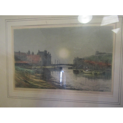 1266 - CLAUDE ROWBOTHAM: A coloured and signed etching, depicting a harbour scene, 14.5cm x 22cm, framed an... 