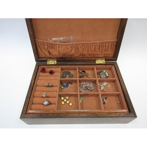 1306A - An oak jewellery box and contents, some silver