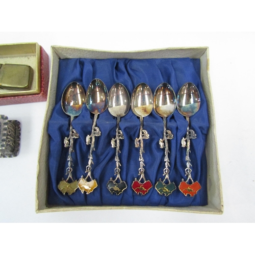 1341 - A silver trinket box, a set of plated Australia related spoons, two brass lighters and a Waterford c... 