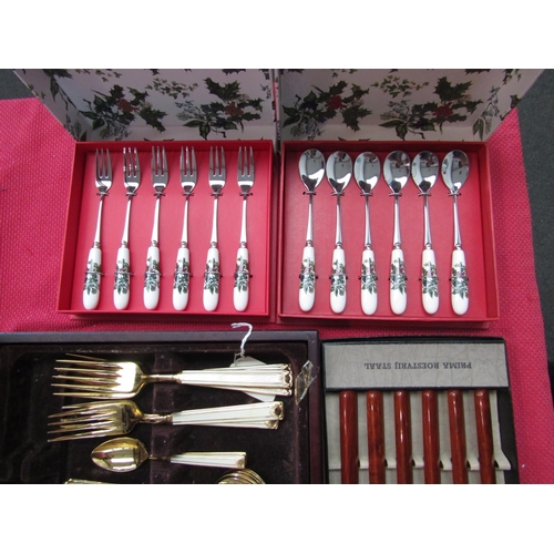 1365 - A cased canteen of Japanese plated and gilt cutlery, a cased set of Solingen knives and two sets of ... 